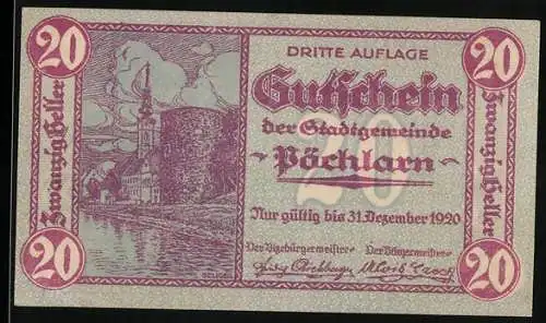 Notgeld Pöchlarn 1920, 20 Heller, Stadtansicht und Wappen, Gültig bis 31. Dezember 1920