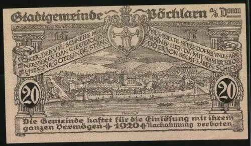 Notgeld Pöchlarn 1920, 20 Heller, Stadtansicht und Wappen, Gültig bis 31. Dezember 1920