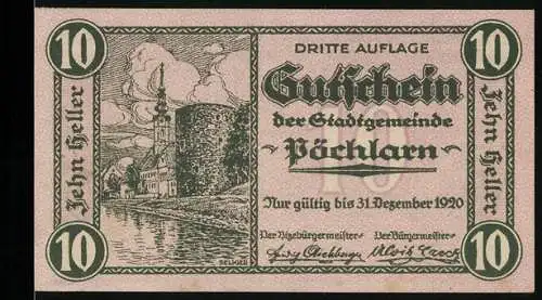 Notgeld Pöchlarn 1920, 10 Heller, Stadtansicht mit Burg und Kirche, Wappen oberhalb