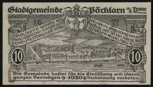 Notgeld Pöchlarn 1920, 10 Heller, Stadtansicht mit Burg und Kirche, Wappen oberhalb