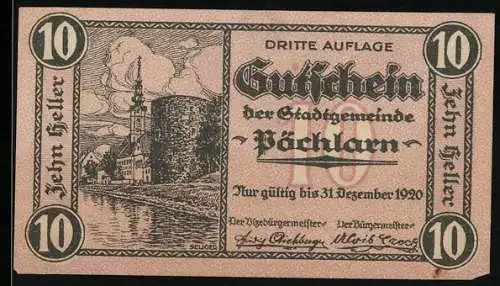 Notgeld Pöchlarn 1920, 10 Heller, Stadtansicht mit Fluss und Kirche, Stadtwappen oberhalb