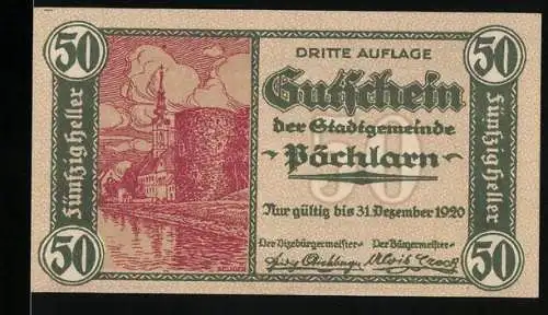 Notgeld Pöchlarn 1920, 50 Heller, Stadtansicht und Landschaftsmotiv, mit Wappen