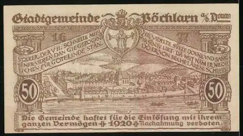 Notgeld Pöchlarn 1920, 50 Heller, Stadtansicht und Landschaftsmotiv, mit Wappen