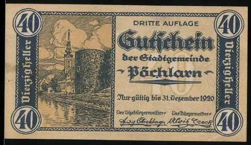 Notgeld Pöchlarn 1920, 40 Heller, Stadtansicht mit Burg und Stadtwappen