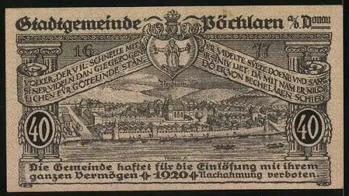 Notgeld Pöchlarn 1920, 40 Heller, Stadtansicht mit Burg und Stadtwappen