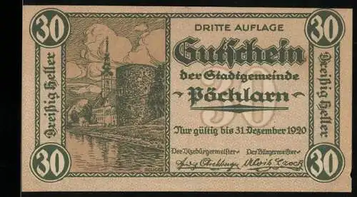 Notgeld Pöchlarn 1920, 30 Heller, Stadtansicht mit Kirche, Fluss und Zitatbanner, Stadtwappen integriert