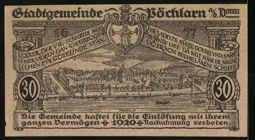 Notgeld Pöchlarn 1920, 30 Heller, Stadtansicht mit Kirche, Fluss und Zitatbanner, Stadtwappen integriert