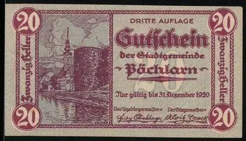 Notgeld Pöchlarn 1920, 20 Heller, Stadtansicht mit Kirche und Fluss, Wappen und Spruchband