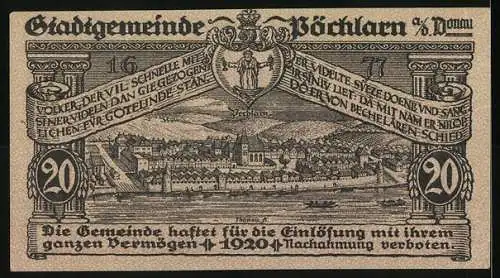 Notgeld Pöchlarn 1920, 20 Heller, Stadtansicht mit Kirche und Fluss, Wappen und Spruchband