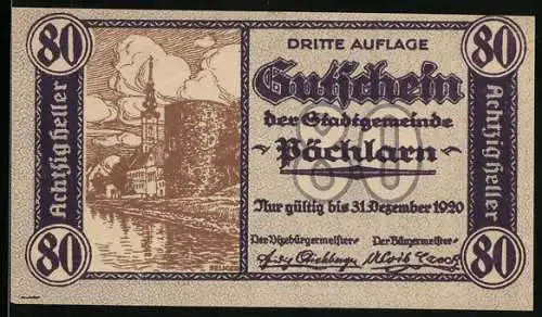 Notgeld Pöchlarn 1920, 80 Heller, Stadtansicht und Wappen, Burg und Flussufer, gültig bis 31. Dezember 1920