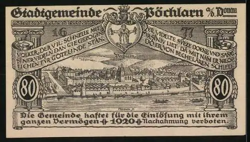 Notgeld Pöchlarn 1920, 80 Heller, Stadtansicht und Wappen, Burg und Flussufer, gültig bis 31. Dezember 1920