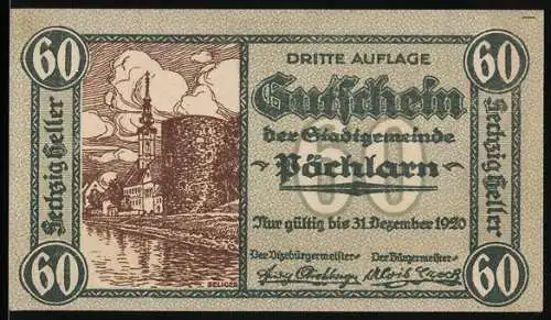 Notgeld Pöchlarn 1920, 60 Heller, Stadtansicht mit Fluss und Wappen, gültig bis 31. Dezember 1920