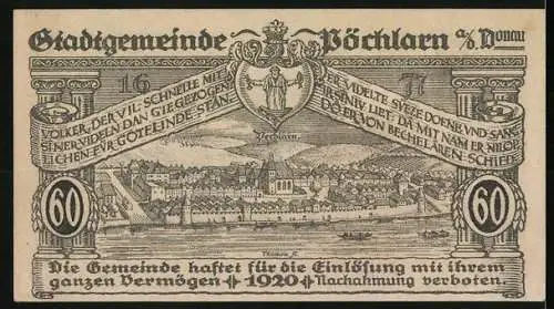 Notgeld Pöchlarn 1920, 60 Heller, Stadtansicht mit Fluss und Wappen, gültig bis 31. Dezember 1920