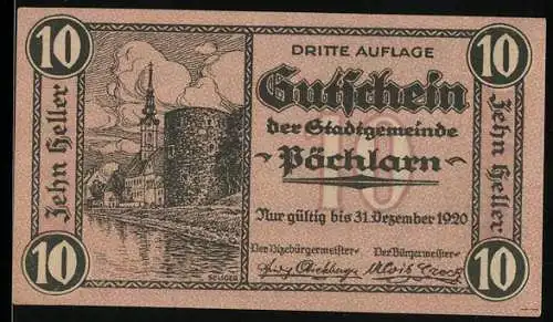 Notgeld Pöchlarn 1920, 10 Heller, Stadtansicht und Flusslandschaft, Wappen und Inschrift, gültig bis 31. Dezember 1920