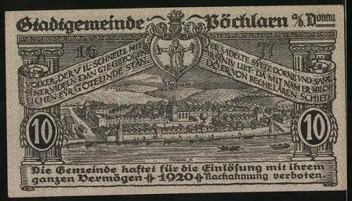 Notgeld Pöchlarn 1920, 10 Heller, Stadtansicht und Flusslandschaft, Wappen und Inschrift, gültig bis 31. Dezember 1920