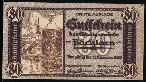 Notgeld Pöchlarn 1920, 80 Heller, Stadtansicht und Fluss, Wappen der Stadtgemeinde