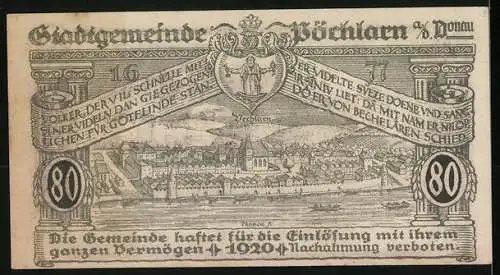 Notgeld Pöchlarn 1920, 80 Heller, Stadtansicht und Fluss, Wappen der Stadtgemeinde