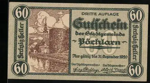 Notgeld Pöchlarn 1920, 60 Heller, Stadtansicht und mittelalterliche Burg mit Turm, Wappen und Landschaft