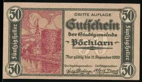 Notgeld Pöchlarn 1920, 50 Heller, Stadtansicht mit Burg und Fluss, Wappen und Landschaftspanorama