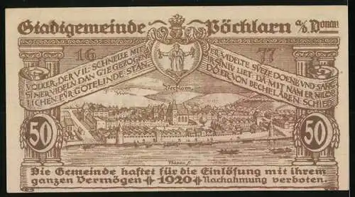 Notgeld Pöchlarn 1920, 50 Heller, Stadtansicht mit Burg und Fluss, Wappen und Landschaftspanorama