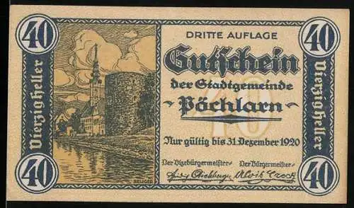 Notgeld Pöchlarn 1920, 40 Heller, Stadtansicht und Burg mit Fluss, Wappen und Spruchband