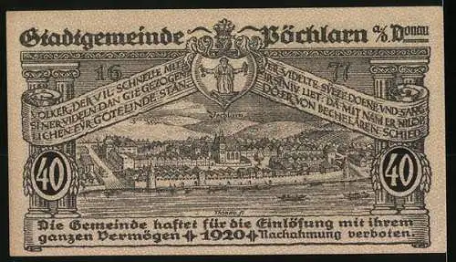 Notgeld Pöchlarn 1920, 40 Heller, Stadtansicht und Burg mit Fluss, Wappen und Spruchband