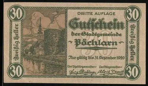 Notgeld Pöchlarn 1920, 30 Heller, Stadtansicht und Wappen der Stadtgemeinde, gültig bis 31. Dezember 1920