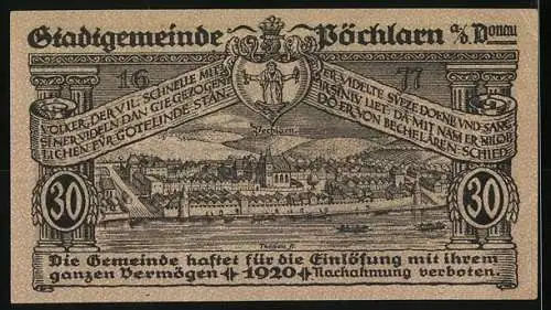 Notgeld Pöchlarn 1920, 30 Heller, Stadtansicht und Wappen der Stadtgemeinde, gültig bis 31. Dezember 1920