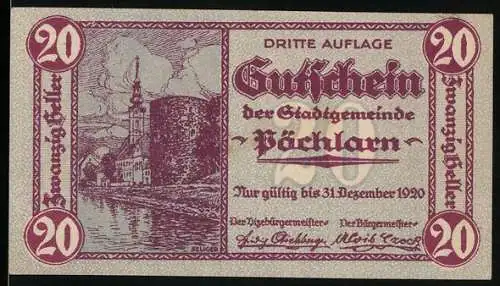 Notgeld Pöchlarn 1920, 20 Heller, Stadtansicht und Fluss, dekorative Schriftzüge