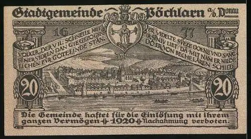 Notgeld Pöchlarn 1920, 20 Heller, Stadtansicht und Fluss, dekorative Schriftzüge