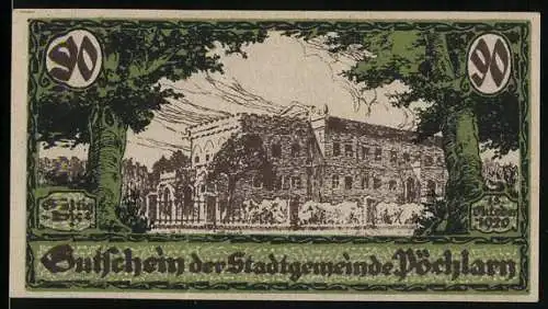 Notgeld Pöchlarn 1920, 90 Heller, Stadtansicht mit Bäumen, Wappen im Zentrum