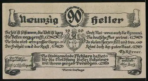 Notgeld Pöchlarn 1920, 90 Heller, Stadtansicht mit Bäumen, Wappen im Zentrum