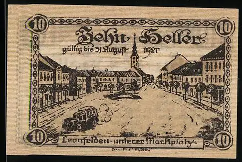 Notgeld Leonfelden 1921, 10 Heller, Unterer Marktplatz mit Kirche und Fahrzeugen, Wappen und Text auf Rückseite