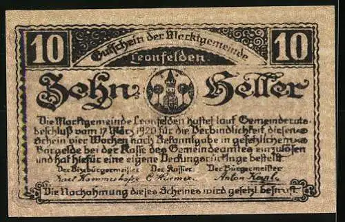 Notgeld Leonfelden 1921, 10 Heller, Unterer Marktplatz mit Kirche und Fahrzeugen, Wappen und Text auf Rückseite