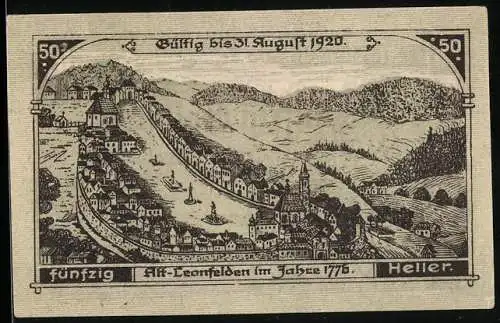 Notgeld Leonfelden 1920, 50 Heller, Alt-Leonfelden 1776 Stadtansicht, Kirche und Turm