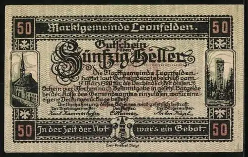 Notgeld Leonfelden 1920, 50 Heller, Alt-Leonfelden 1776 Stadtansicht, Kirche und Turm