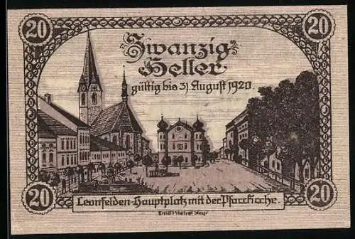 Notgeld Leonfelden 1920, 20 Heller, Hauptplatz mit der Pfarrkirche, Seriennummer und Wappen