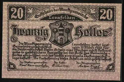 Notgeld Leonfelden 1920, 20 Heller, Hauptplatz mit der Pfarrkirche, Seriennummer und Wappen