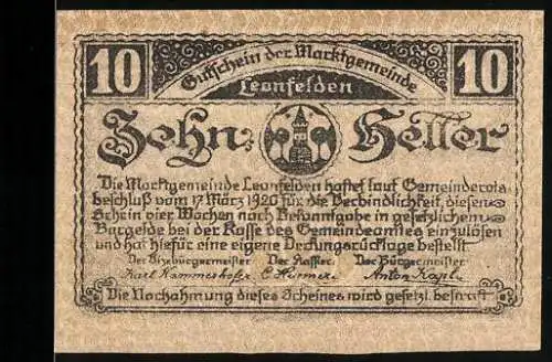 Notgeld Leonfelden 1920, 10 Heller, Marktplatzszene mit Fahrzeug und Gebäuden, Wappen und Schriftzug