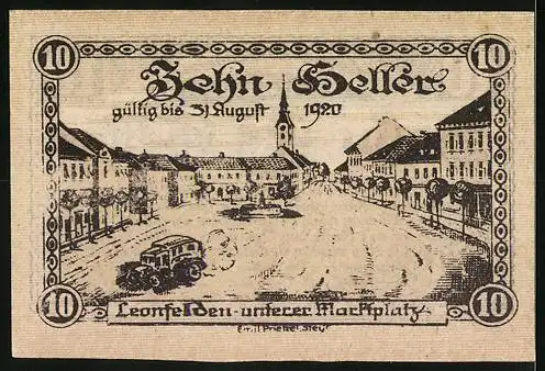 Notgeld Leonfelden 1920, 10 Heller, Marktplatzszene mit Fahrzeug und Gebäuden, Wappen und Schriftzug