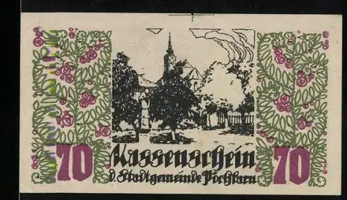 Notgeld Pöchlarn 1920, 70 Heller, Stadtgemeinde mit Wappen und Landschaftsmotiv