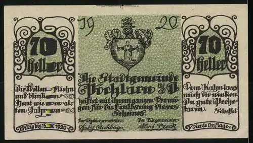 Notgeld Pöchlarn 1920, 70 Heller, Stadtgemeinde mit Wappen und Landschaftsmotiv