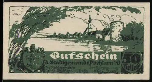 Notgeld Pöchlarn 1921, 50 Heller, Stadtansicht mit Kirche und Fluss, Wappen und Gedicht auf Rückseite