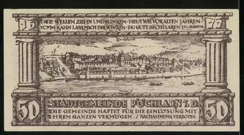 Notgeld Pöchlarn 1921, 50 Heller, Stadtansicht mit Kirche und Fluss, Wappen und Gedicht auf Rückseite