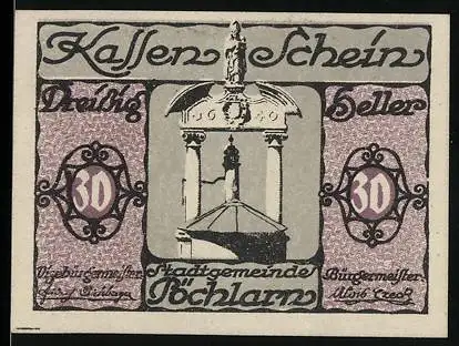 Notgeld Pöchlarn 1920, 30 Heller, Brunnenmotiv und Stadtwappen