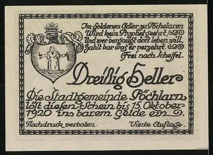 Notgeld Pöchlarn 1920, 30 Heller, Brunnenmotiv und Stadtwappen