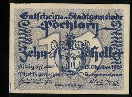 Notgeld Pöchlarn 1920, 10 Heller, Stadtwappen und kunstvolle Schriftzüge