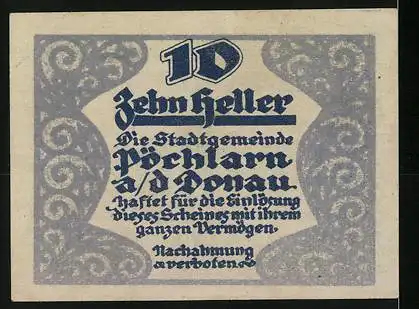 Notgeld Pöchlarn 1920, 10 Heller, Stadtwappen und kunstvolle Schriftzüge