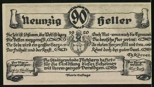 Notgeld Pöchlarn 1920, 90 Heller, Stadtansicht mit Bäumen, Wappen und Gedicht von Chr. Körner