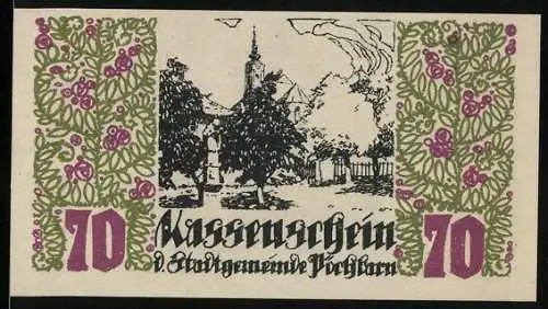 Notgeld Pöchlarn 1920, 70 Heller, Stadtansicht mit Kirche und Wappen, florales Muster